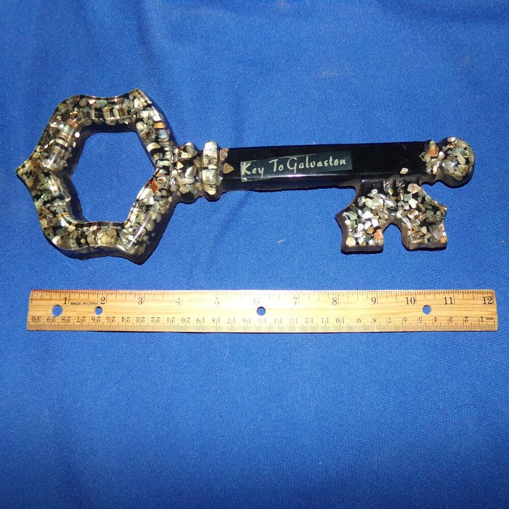 Vintage "Key to Galveston" Wall Hanger - Black & Clear w/Abalone Shell- Handmade